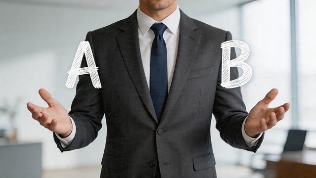 Businessman holding hands deciding between option A and B comparing alternatives selecting choices making a decision weighing options executive wearing suit office background