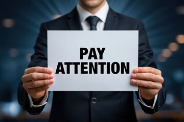 Naklejka premium A Man in a Business Suit Holding a Pay Attention Sign