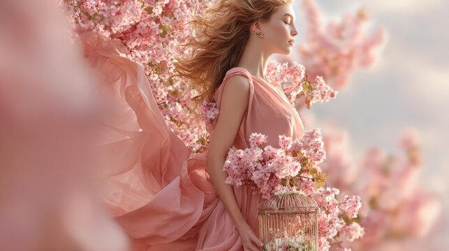 A serene woman with long hair stands amid vibrant pink blossoms.