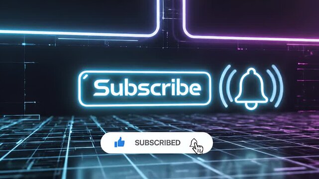 A futuristic digital display features a glowing 'Subscribe' button being clicked by a stylized hand, accompanied by a notification bell icon, set against a neon grid background.