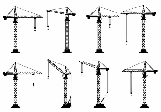 Set of eight black tower crane silhouettes isolated on a white background, ideal for construction, industrial, and building engineering design projects.