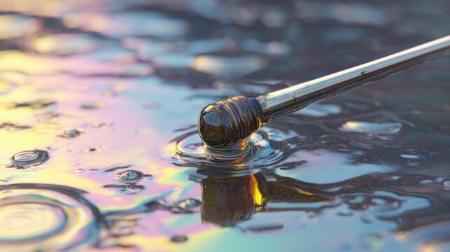 drop of engine oil on dipstick, rainbow oil film on water surface, macro texture, reflective light, realistic fluid behavior, high detail