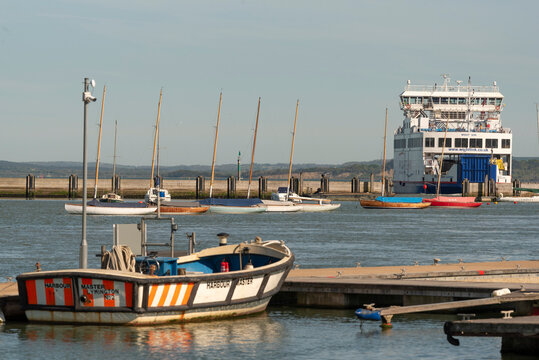 Lymington Hampshire England UK. 25.04.2026. Isle of Wight ferry White Sun negotiating the Lymington River with vehicles and passengers aboard inbound to the Lyminton terminal.
