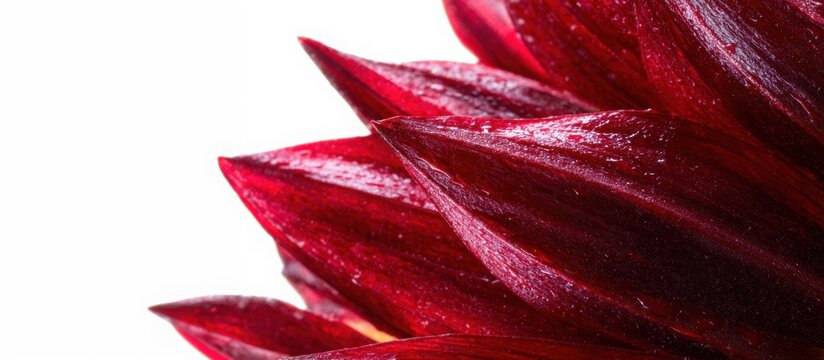 Extreme macro of dahlia petal in deep red tones, rich color density with visible vein structure, semi transparent effect, isolated on white