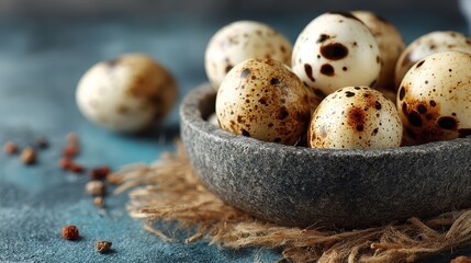 Obraz premium Close-up of speckled quail eggs in a bowl on a textured surface with scattered peppercorns and natural background