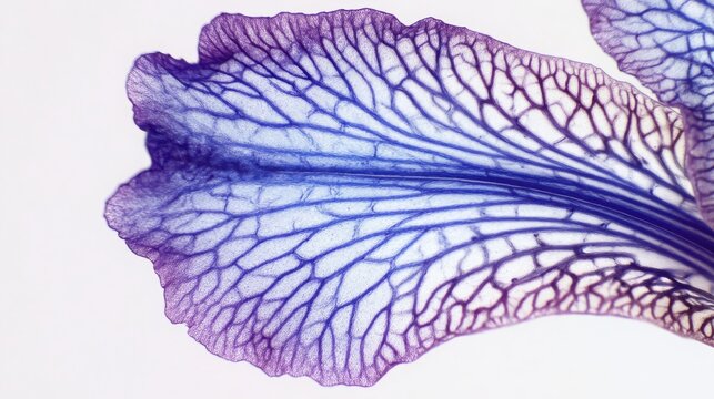 Extreme macro of iris petal with blue and purple gradient, intricate vein pattern, translucent organic structure, skeleton effect, isolated on clean