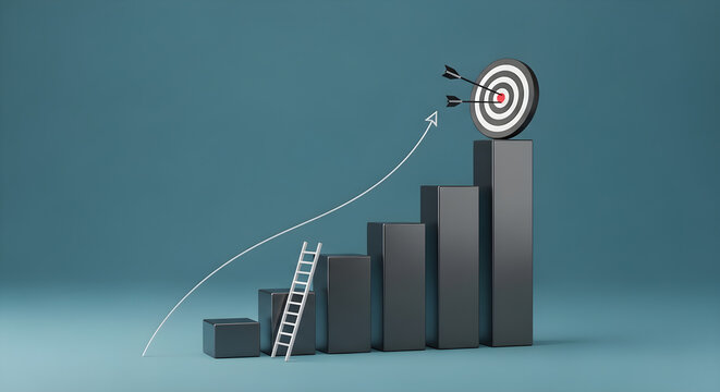 Rising financial graph with step ladder and target on tall block representing business scaling and accomplishment.