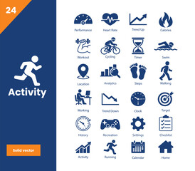 Fototapeta premium Fitness Activity Icon Collection Featuring Running, Workout, Steps, Heart Rate and Calories Symbols, Solid Vector Icons