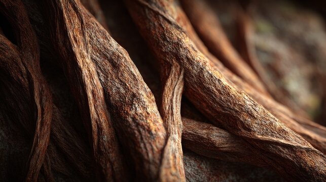 Intricate texture of intertwining wooden roots in natural earthy tones.