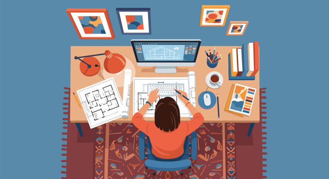 Professional architect working on a house blueprint at a desk with a computer monitor, rolls of paper, and various design tools in a home office.