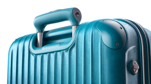object cutout of travel suitcase with modern hard-shell design and realistic handle detail, sharp focus, clean edges high definition, isolated on white background