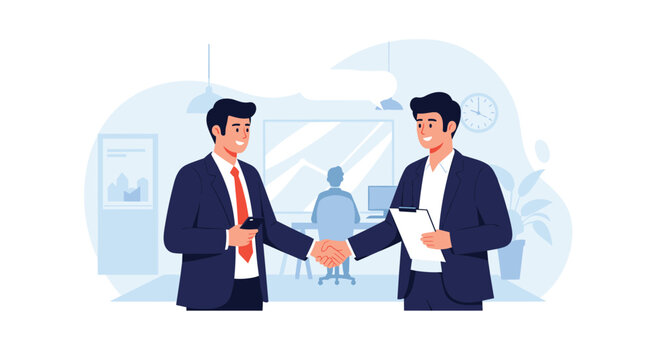 Two professional businessmen shaking hands in a modern office environment to finalize a successful partnership or agreement.