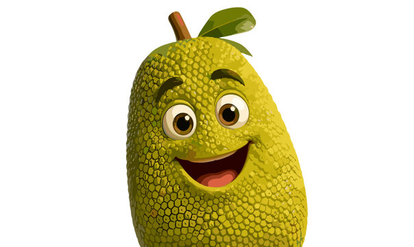 Happy Jackfruit Cartoon Character Smiling with Big Eyes Close-Up Isolated on Transparent Background