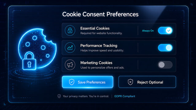 cookie consent preference window with gdpr compliance settings for web browsing and user tracking management on interface