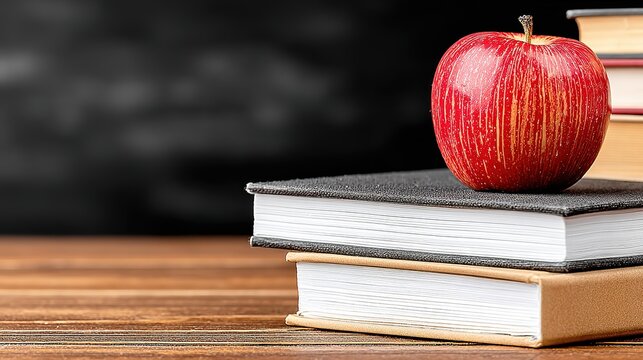 Red apple with faint vertical stripes and short brown stem resting on two hardcover books, upper book dark fabric cover with neat white page edges,