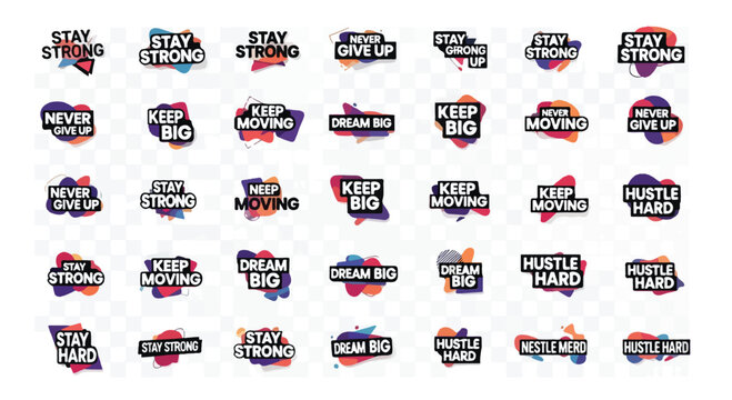 Set of 35 Motivational Quote Vector Stickers with Abstract Paint Splashes isolated PNG with Transparent Background