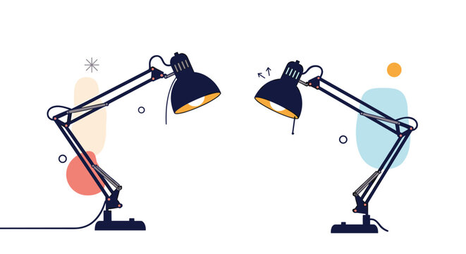 Pair of adjustable desk lamps facing each other on a white background with colorful abstract decorative shapes.