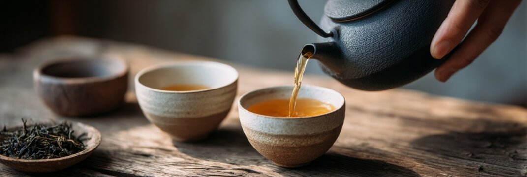 A hand pours steaming tea from a black teapot into ceramic bowls.