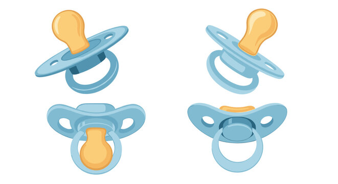 Collection of blue baby pacifiers shown from four different angles and perspectives on a clean white background.