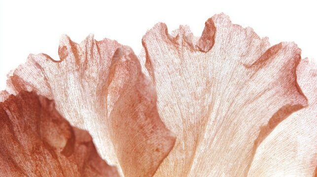 Extreme macro of peony petal in soft blush pink tones, layered translucent texture, delicate vein pattern, skeleton effect, isolated on bright white