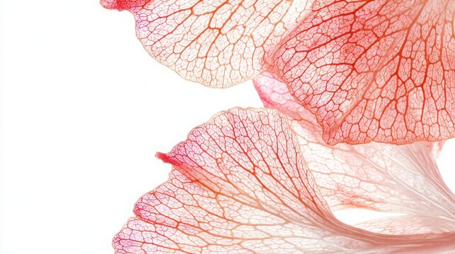 Extreme macro of translucent rose petal with coral pink gradient tones, highly detailed vein structure visible, delicate organic skeleton effect
