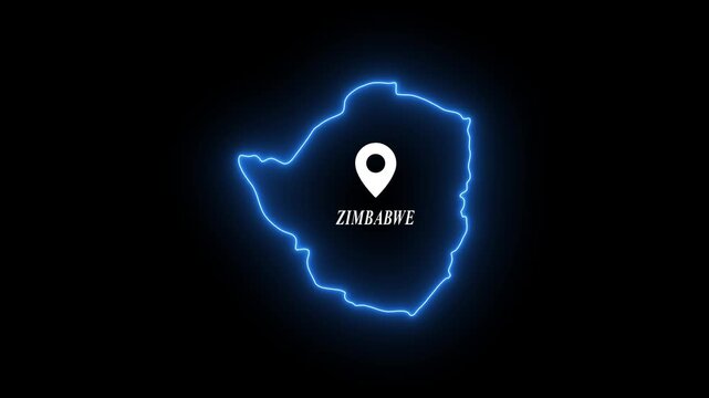 Glowing neon map of zimbabwe with location pin marker, animated country outline for travel and business presentations