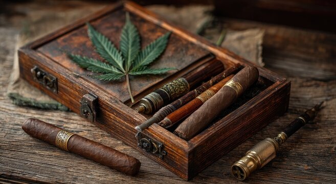 A rustic wooden box displays a cannabis leaf alongside several cigars and smoking accessories, evoking a sense of luxury and relaxation.