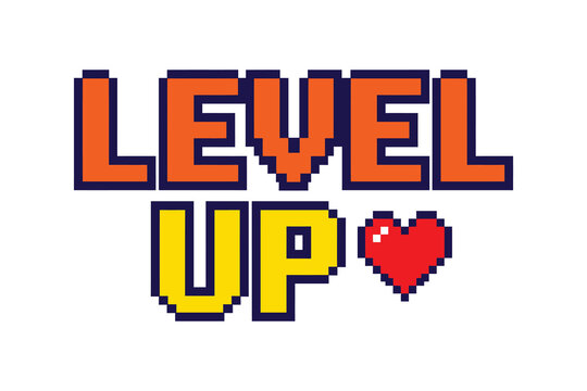 Colorful retro pixel art text level up with heart symbol perfect for gaming and achievement themes