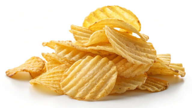 Pile of golden rippled potato chips isolated on white background