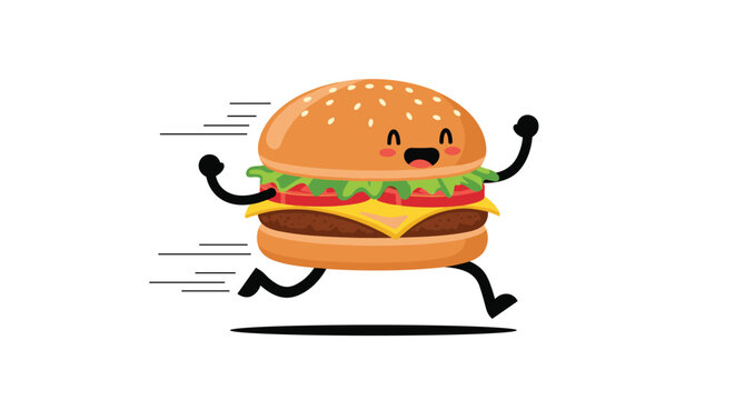 Cheerful hamburger cartoon character with black arms and legs running quickly towards its destination on a plain white background.