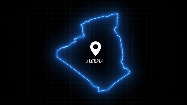 Algeria map outline with glowing neon border and location pin marker on digital grid background