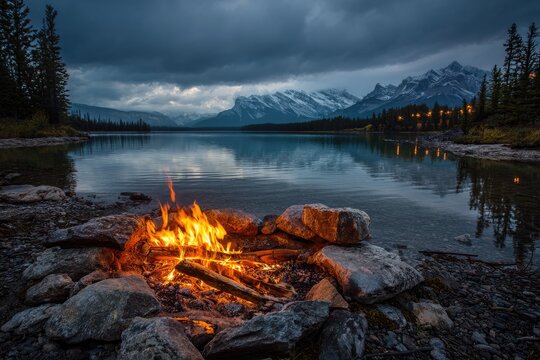 A serene lakeside campfire glows warmly against a backdrop of majestic snow-capped mountains under a dramatic, cloudy sky, creating a peaceful and picturesque wilderness scene.