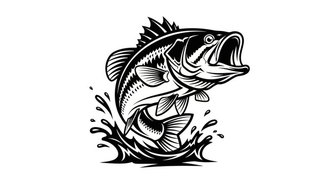 Jumping Bass Fish Black and White Illustration