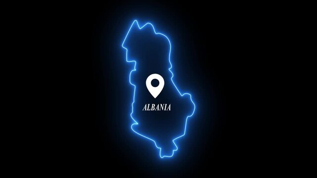 Albania map outline with glowing neon effect and location pin marker animation