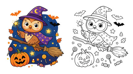 Obraz premium Halloween Owl Witch Flying on Broom with Pumpkin and Candies Coloring Page