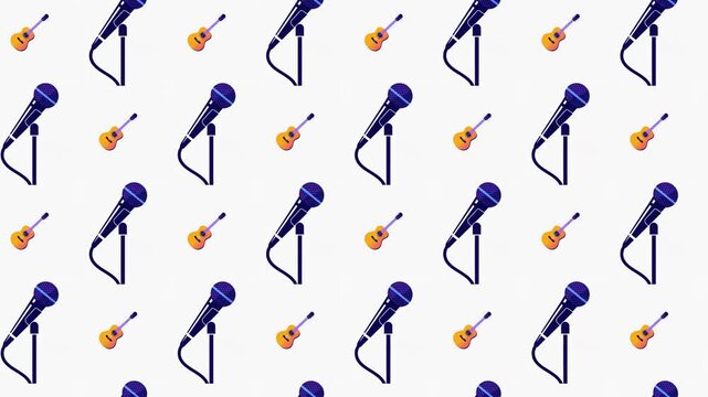 Professional Microphone and Acoustic Guitar Seamless Pattern Background, music and entertainment concept