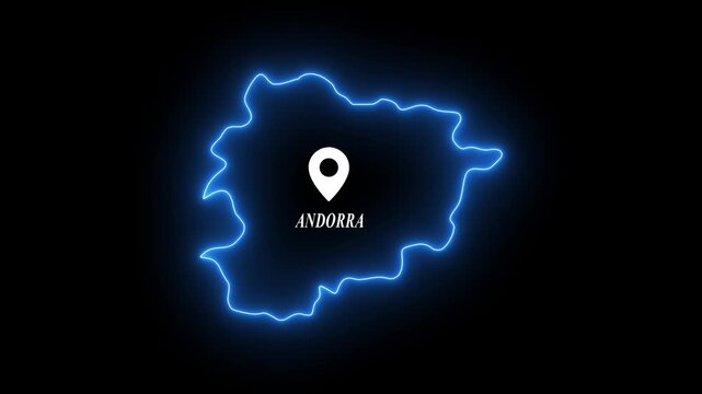 Andorra map outline with glowing neon border and location pin marker animation country