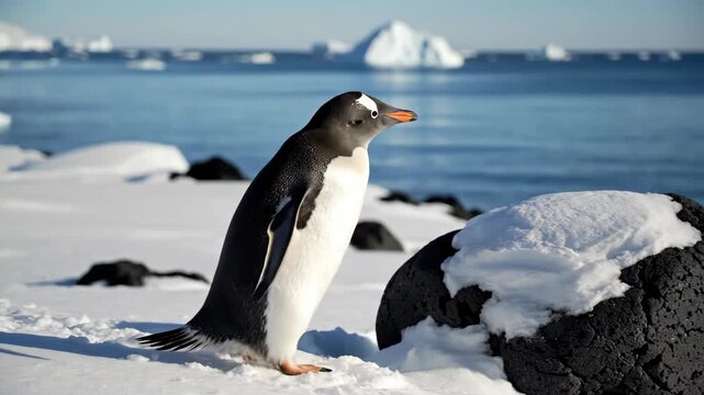 Gentoo penguin waddles across snowy landscape, showcasing its movement towards a large rock near the icy shoreline with distant icebergs in the background