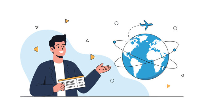 Happy traveler holds airplane tickets and points towards a globe with flight routes to plan his next international journey.