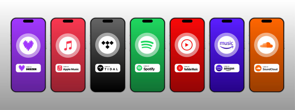 Apple music, spotify, youtube music, soundcloud, deezer, tidal, amazon music. - Popular Music streaming services logo. Editorial vector illustration. 