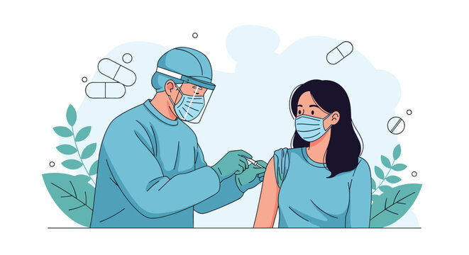 Male doctor in full protective gear and face shield administers an injection to a woman wearing a mask in a medical clinic environment.