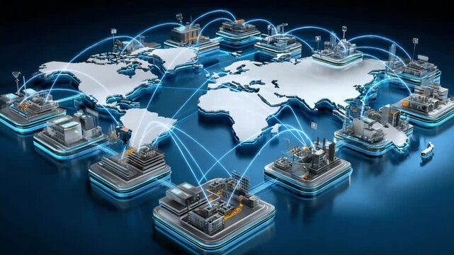 Global Industry Network: Illustrating a dynamic network of interconnected industries sprawling across a world map, demonstrating the intricate web of global infrastructure and interconnectedness.