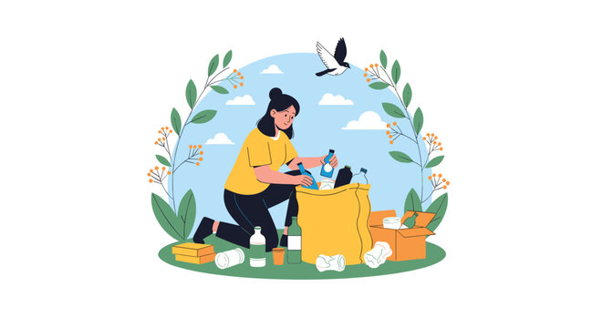 Environmentally conscious woman picks up plastic bottles and litter from a park to help protect nature and keep it clean.