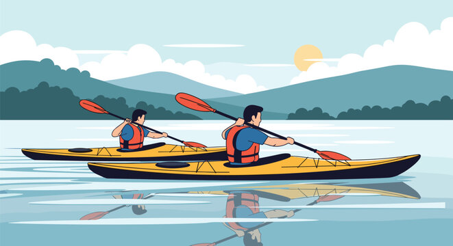 Couple enjoys a peaceful kayaking trip on a calm lake surrounded by beautiful mountains and a clear blue sky with clouds.