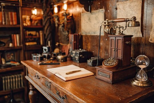 A vintage wooden desk showcases an antique telephone, an open notebook, and various historical objects, evoking a sense of timeless study and classic elegance.
