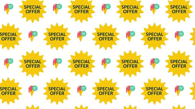 Special Offer Tag and Ice Cream Seamless Pattern Background, seasonal food and retail discount concept
