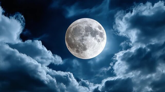 Celestial Symphony: A close-up shot of the luminous full moon, suspended serenely amidst a dramatic canvas of layered clouds, creating a celestial symphony of light and shadow. 