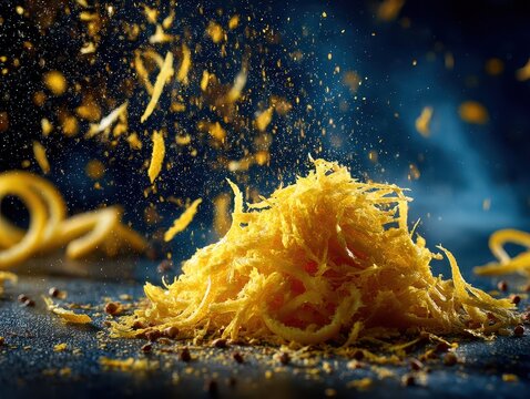Close-up of golden shredded cheese with falling cheese sts and crumbs on dark background