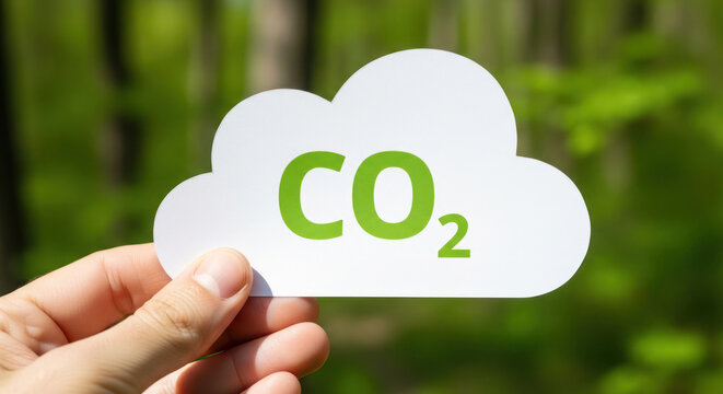 Hand holding a paper cloud symbol with CO2 text in green against a blurred green forest background representing environmental awareness