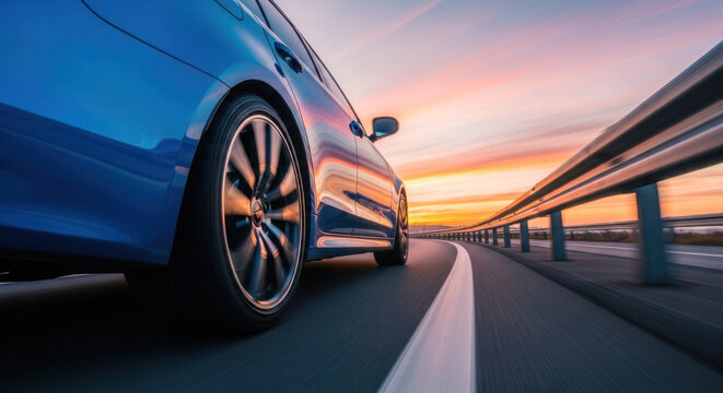 Blue sedan car in motion on a highway during sunset, blurred background showcasing dynamic speed and vibrant sky colors